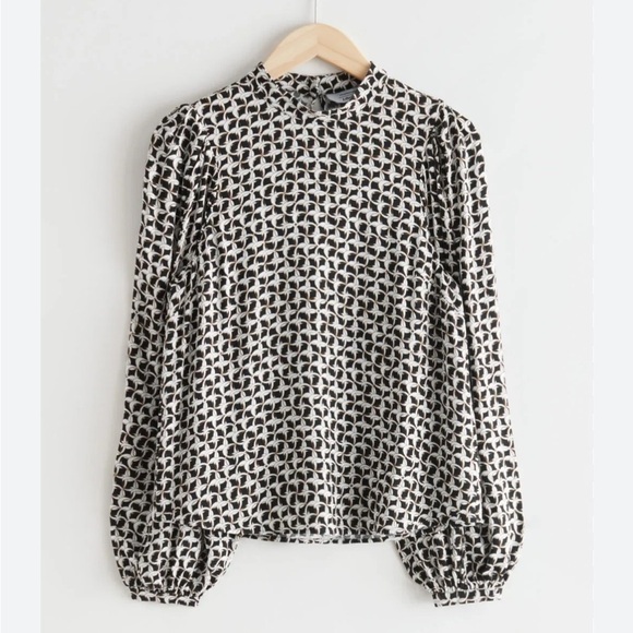 OTHER STORIES Chain Printed Long Sleeve Blouse Balloon Sleeves 8 Black White - Picture 16 of 16